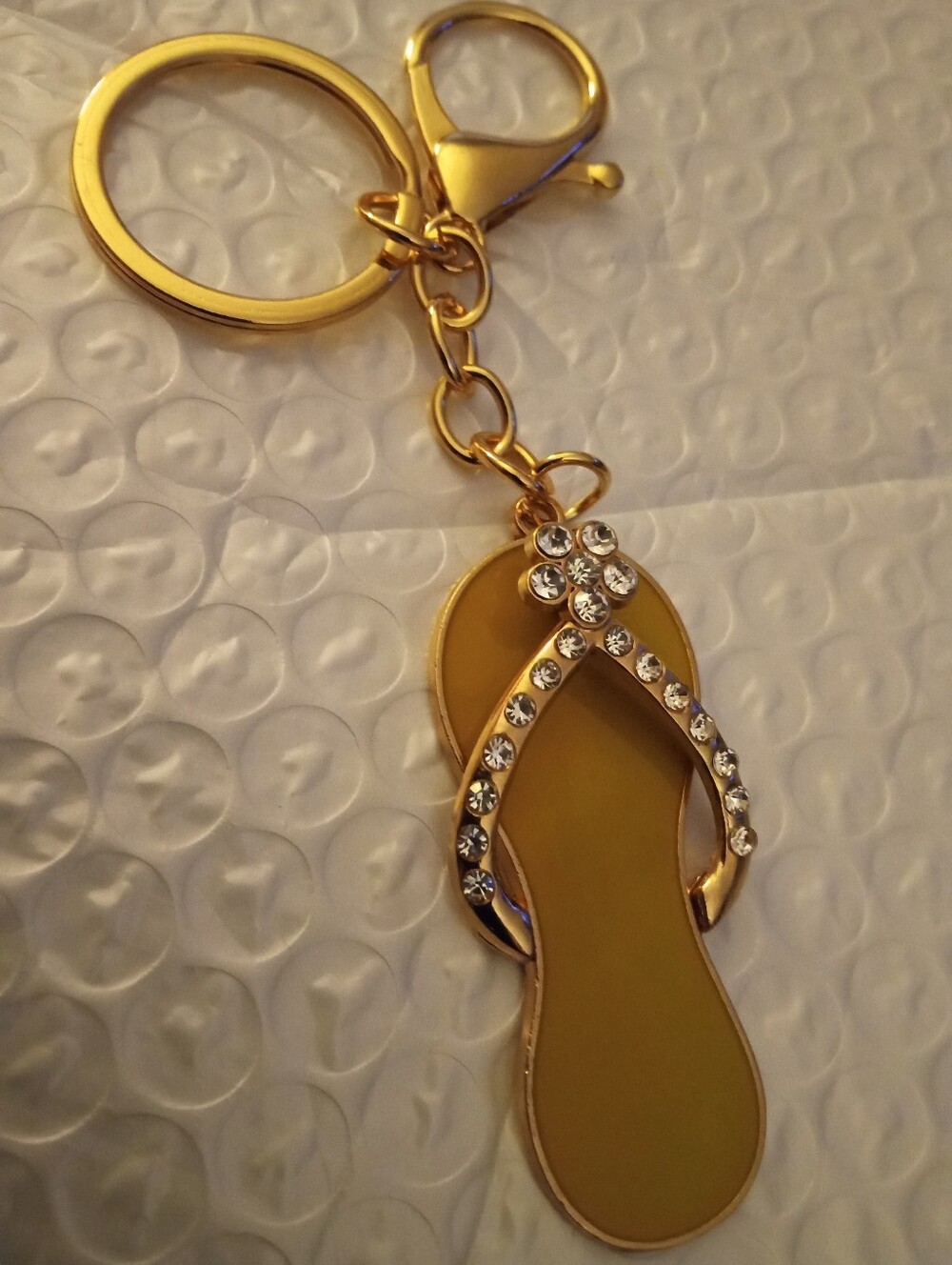 Gold Rhinestone Flip Flop Keychain - Green Insole